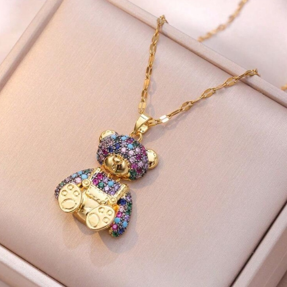 Gold and Multicolor Teddy Bear Pendant Necklace